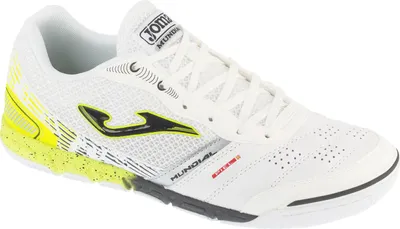 A white Joma Mundial indoor soccer shoe with yellow and black accents is shown from the side against a white background.