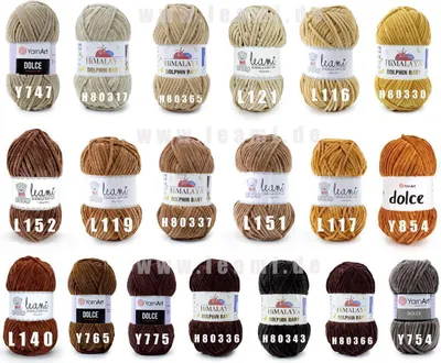 A collage of different yarn balls, each with a label indicating its brand, type, and color code.