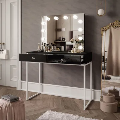 Produktbild von Schminktisch BLANCO LOFT ELITE mit Spiegel und Beleuchtung schwarz Hochglanz mit weißem Gestell und Griffen
