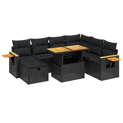 Produktbild von 8-tlg. Garten-Lounge-Set, Poly Rattan Schwarz, modulares Sofa mit verstellbarem Akazienholz-Tisch, UV-beständig, abnehmbare Kissenbezüge