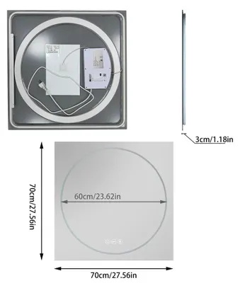 Obrázok produktu pre Inteligentné LED zrkadlo do kúpeľne – štvorcové nástenné zrkadlo 70x70 cm – stmievateľné podsvietenie – proti zahmlievaniu – dotykový senzor – tvrdené sklo – IP44