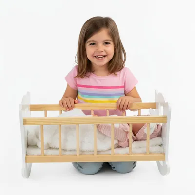 Produktbild von Kinderplay Holz-Puppenwiege GS2105 mit Bettwäsche – klassisches Puppenbett aus Holz für Kinder ab 3 Jahren – Green Series