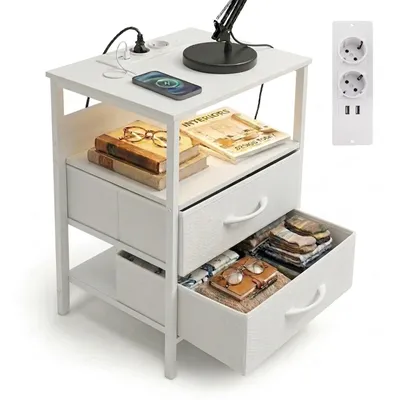 Obrázok produktu pre Relaxdays odkladací stolík s LED osvetlením, zásuvkami, USB portom, 2 zásuvkami, VxŠxH: 60 x 40 x 30 cm, nočný stolík, biely