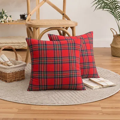 Produktbild von 2er Set Rot Plaid Kissenbezug 45x45cm Tartan Kissenhülle Couch Sofa Home Bett Deko