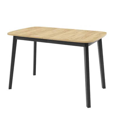 A modern dining table with a light wood top and black legs, presented on a white background.