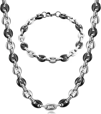 Obrázek produktu pro AFSTALR Pánský náhrdelník z nerezové oceli Coffee Bean Náramek Set Silver Black 56CM