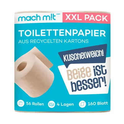 Produktbild von mach m!t PURE Toilettenpapier 4-lagig - Vorrats-Spar-Packung mit 56 Rollen - extra weich - ohne Bleichmittel - aus recyceltem Karton
