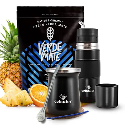 Produktbild von Verde Mate - Mate Tee Set Mas IQ 500g - Yerba Mate Dicke Blätter 5mm - Yerbomos X Thermoskanne Schwarz 450ml - TermoMate PRO Becher 250ml - Mild