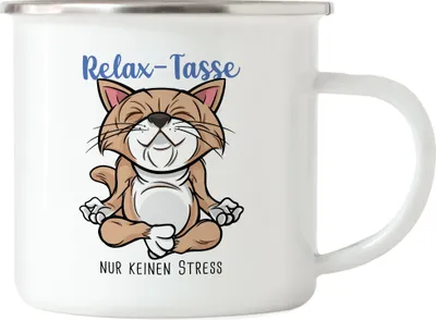 Produktbild von Relax nur keinen Stress Emaille Tasse Meditation Lustig Spruch Ironie Katze Geschenk-Idee Bürokollegen Chillen Yoga