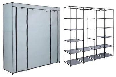 Image de Armoire Pliante En Tissu Avec Étagères Et Porte-Vêtements, Grise