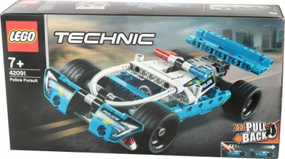 The image shows the box of a LEGO Technic Police Pursuit toy car.
