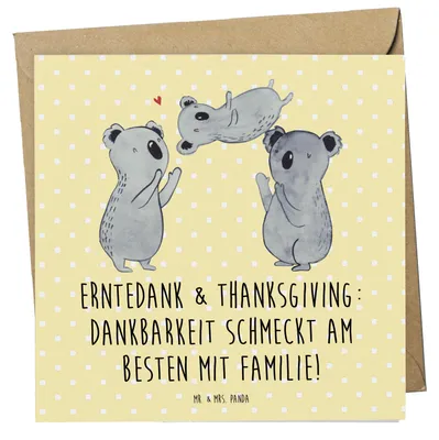 Produktbild von Mr. & Mrs. Panda Grußkarte Erntedankfest & Thanksgiving - Gelb Pastell - Geschenk, Familie, Feiertage, Events, Klappkarte, doppelkarte, Dankesfeier, Feiertag, faltkarte