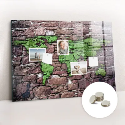 Obrázok produktu pre Magnetická tabuľa na stenu - Memo Tabuľa Sklenená - vrátane 5 magnetov - 100x70 cm - Tehla na mape sveta