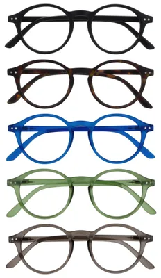 Produktbild von OPULIZE REY Lesebrille - 5er-Pack - Runder Retro-Rahmen - Mattschwarz, Braun, Blau, Grün, Grau - Herren Damen - Federscharniere - RRRRR56-12367 - +2.00
