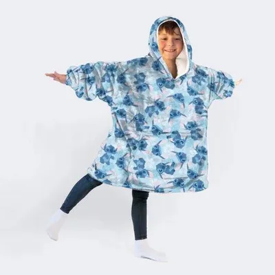 Produktbild von Unyqoos® Disney Lilo & Stitch Hoodie-Fleecedecke Blue Flower – Kinder One Size (7–14 Jahre), 60×75 cm, 100% Polyester, teddygefütterte Kapuze