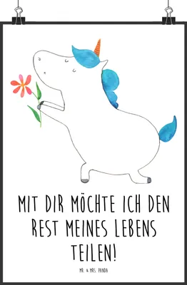 Produktbild von Mr. & Mrs. Panda Bild Einhorn Blume DIN A0 - Weiß - Geschenk, Plakat, drucke, Unicorn, kunstdruck poster, wanddeko, Liebe, Einhörner, Heiraten, Freundin