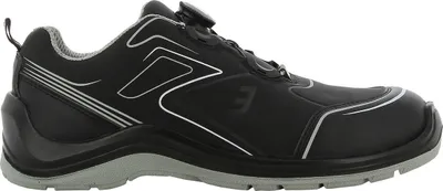 A side view of a black safety shoe with gray accents.