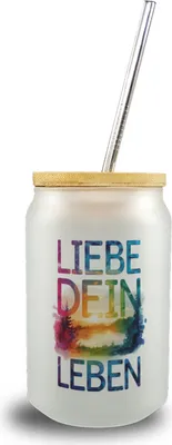 Produktbild von Liebe dein Leben Trinkglas mit Bambusdeckel Aquarell Design