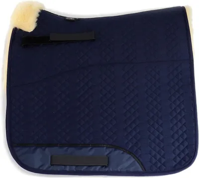 Imagen del producto de Funda para silla de doma, fabricada con material acolchado, con zona de contacto con la silla en piel de lana, parcialmente acolchada, de color azul marino, para montar a caballo