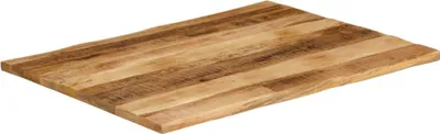 A wooden tabletop with a live edge.