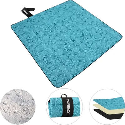 Produktbild von Yorbay Picknickdecke 200 x 200 cm XXL Fleece wasserdicht Stranddecke Decke mit Tragegriff (Blaue Feder)