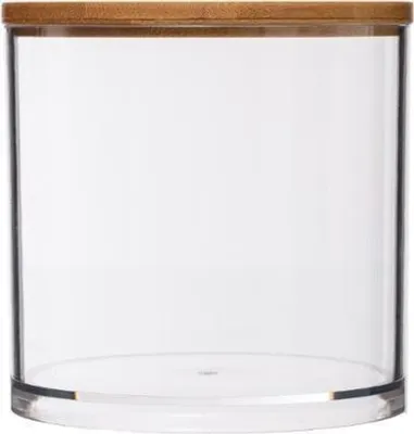 A clear, empty cylindrical container with a bamboo lid.
