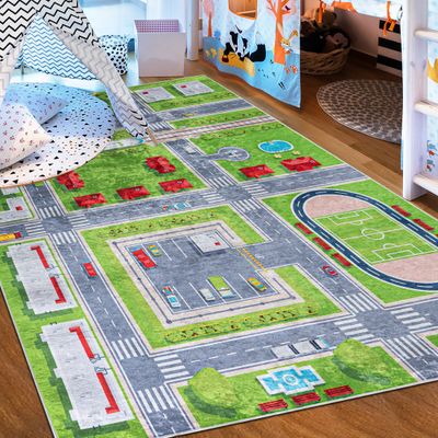 Mazovia Teppich - Kinderteppich Straßen - Kinderzimmer - Weicher, Rutschfester Kinderzimmer-Teppich - Maschinenwaschbar - Grün - 80x150 cm
