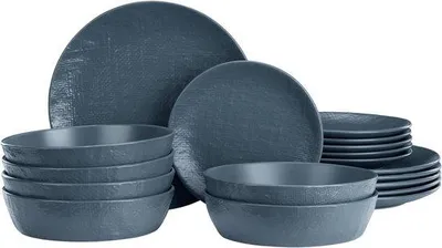 Zdjęcie produktu dla Zestaw porcelanowy dla 6 osób – 18-częściowy zestaw talerzy – kompaktowy zestaw talerzy, który można ustawiać jeden na drugim – nadaje się do użycia w kuchence mikrofalowej – niebieski – nowoczesny zestaw talerzy dla 6 osób