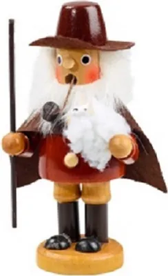 Räuchermännchen Schäfer mit langem weißem Bart, der einen Stock trägt und ein Schaf auf dem Arm hält