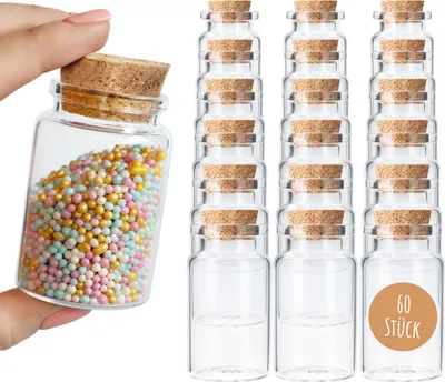 Produktbild von 60 Stk. Mini Glasflaschen 90 ml mit Korken | kleine Glasflaschen inkl. Korken zum Befüllen | Korkengläser als Gastgeschenk, Gewürzgläser, Hochzeitsdeko, Aufbewahrung