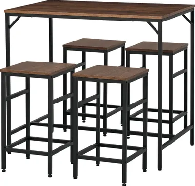 Produktbild von HOMCOM 5-teiliges Bartisch Set Bartisch mit Barhocker-Set Esstisch mit 4 Stühlen Küchentisch für Esszimmer, Küche, Rustikal-Braun+Schwarz