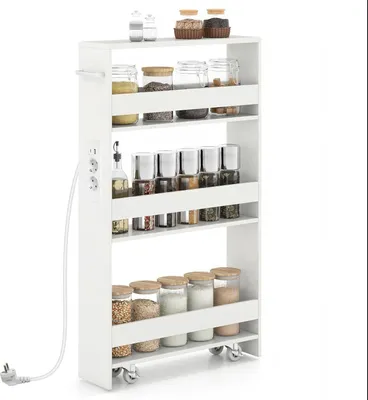 Produktbild von KOMFOTTEU Nischenwagen mit Ladestation, Kleiner Küchenwagen mit Rollen, Organisationswagen Rollregal platzsparend mit Griff (Weiß, 47,5 x 13 x 80,5 cm)