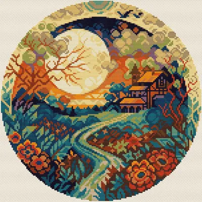 Zdjęcie produktu dla Zestaw do haftu krzyżykowego HobbyJobby "Chatka o zachodzie słońca", wzór do liczenia, 24x24cm