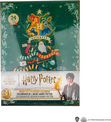 A Harry Potter advent calendar with a Christmas tree design and the Hogwarts crest.