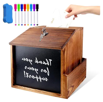 Produktbild von Holz Vorschlagsbox, Spendenbox Abschließbar Mit 8-Farben-Tafelstift und nichtmagnetischem Tafelwischer, Kummerkasten für Schule, Büro, Krankenhaus, Vorschlag, Spende, Stimmzettel(21 * 20 * 16.5cm)