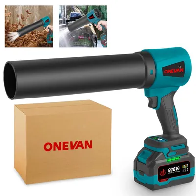 A cordless leaf blower with a battery pack and a cardboard box, along with two inset images showing the blower in use.