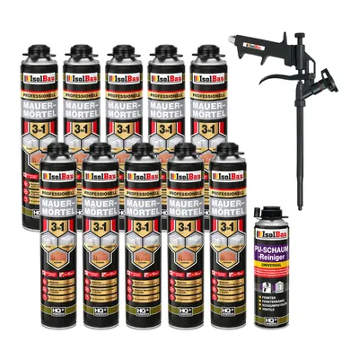 Produktbild von Isolbau Mauermörtel Pistolenschaum SET - Teflon Schaumpistole, PolyurethanReiniger Montageschaum Klebeschaum PolyurethanMörtel 10 x 750ml
