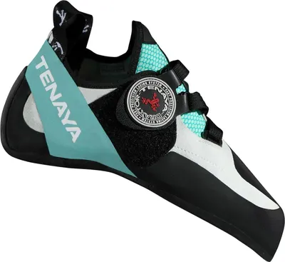 Kletterschuhe Oasi LV von Tenaya; schwarz mit türkis und weiß; ausgestattet mit Klettverschluss.