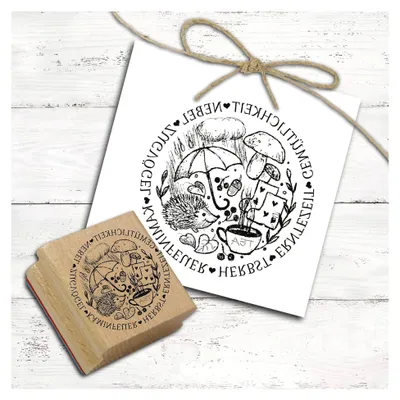 Produktbild von Herbstmotivstempel - Igel, Gemütlichkeit, Nebel, Ernte, Eichel, Tee - Holzstempel für Scrapbooking - Abdruckdurchmesser 68 mm