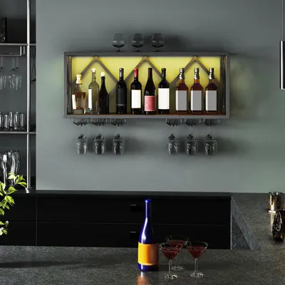 Produktbild von GOPLUS Weinregal Wand, schwebendes Flaschenregal mit 16-farbiger LED-Beleuchtung, 6 Glashalter, Flaschenhalter für 39 Flaschen, 12 Gläser, für Zuhause