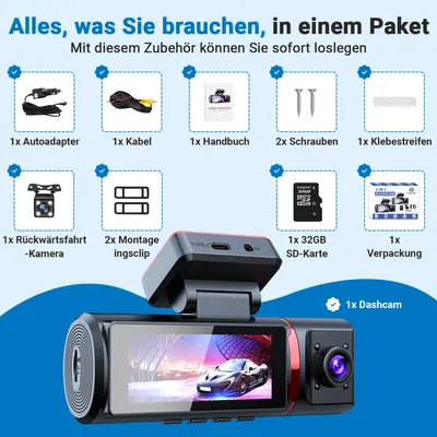 Produktbild von Fleau Tech 4K Dashcam fürs Auto – 3-in-1 Front- und Rückkamera – WLAN und GPS – 3,5-Zoll Bildschirm – G-Sensor – Parkmodus – Loop-Aufnahme – 170°