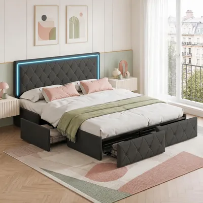 Immagine prodotto di Letto imbottito matrimoniale INONEFT, 140x200 cm, con contenitore e 4 cassetti, struttura letto per ragazzi con rete a doghe, poggiatesta regolabile con LED, rivestito in PU, colore grigio