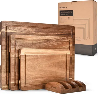 Produktbild von Deleca 3-teiliges Schneidebrett Set aus Akazienholz mit Ständer - Holzschneidebretter in 40x30, 33x24 und 26x18 cm