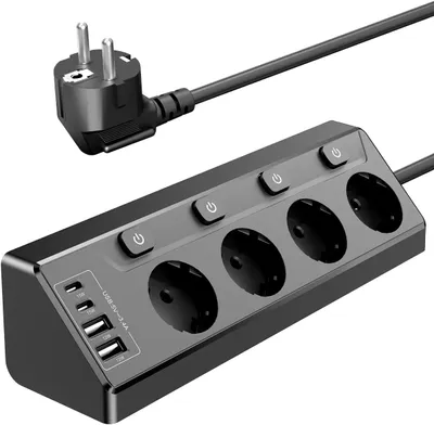 Produktbild von Steckdosenleiste, Steckdosenblock, Ecksteckdose, Mehrfachsteckdose, 4-fach Rund Mehrfachstecker, 4 USB (2 USB C), 2M Verlängerungskabel