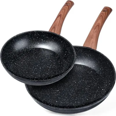 Zdjęcie produktu dla Vilde | Zestaw 2 patelni - Patelnia do smażenia 20/26 cm - Patelnia indukcyjna z powłoką nieprzywierającą - CZARNA i DREWNIANA
