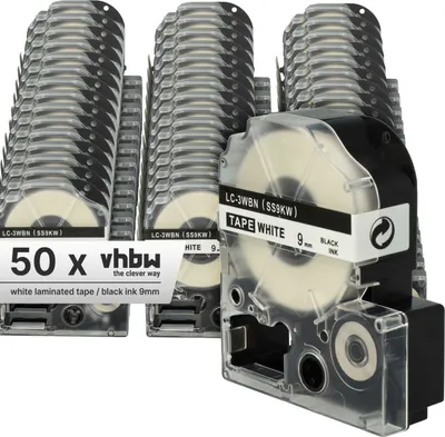 Produktbild von vhbw 50x Schriftband-Kassette kompatibel mit Epson LabelWorks OK900P Etiketten-Drucker 8m x 9mm Schwarz auf Weiß