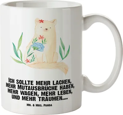Produktbild von Mr. & Mrs. Panda Haferl Katze Blumen - Weiß - Geschenk, Keramiktasse, Große Teetasse, Riesenkaffeetasse, Pott, Hoffnungsvoll, Ziele, weisse tasse, Lachen, mutig