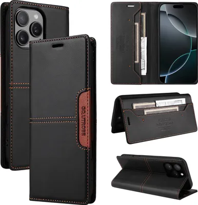 Obrázek produktu pro Pouzdro pro iPhone 15 Pro, kožené flipové peněženkové pouzdro s přihrádkou na karty a stojánkem Černý