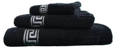 Produktbild von 3tlg. Luxus Medusa Saunatuch Badetuch Handtuch Set - Schwarz / Silber - Frottee - Silberne Bordüre