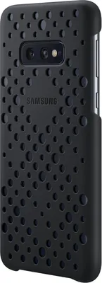 The back of a black Samsung phone case with a textured hole pattern.